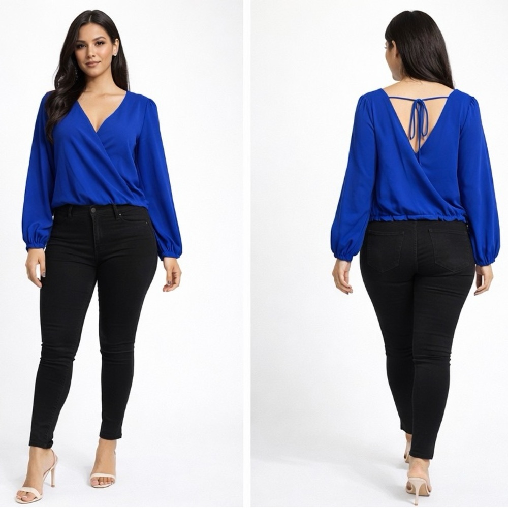 A’GACI Royal Blue Wrap Blouse Long Sleeve Tie Back Top Women Size S